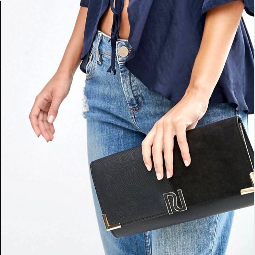 River Island Fold Over Clutch Bag in black / gold